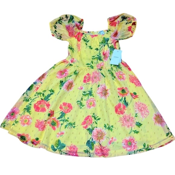NORDSTROM 🌻 GIRLS Floral Yellow Dress with Pink Accents - Picture 1 of 6